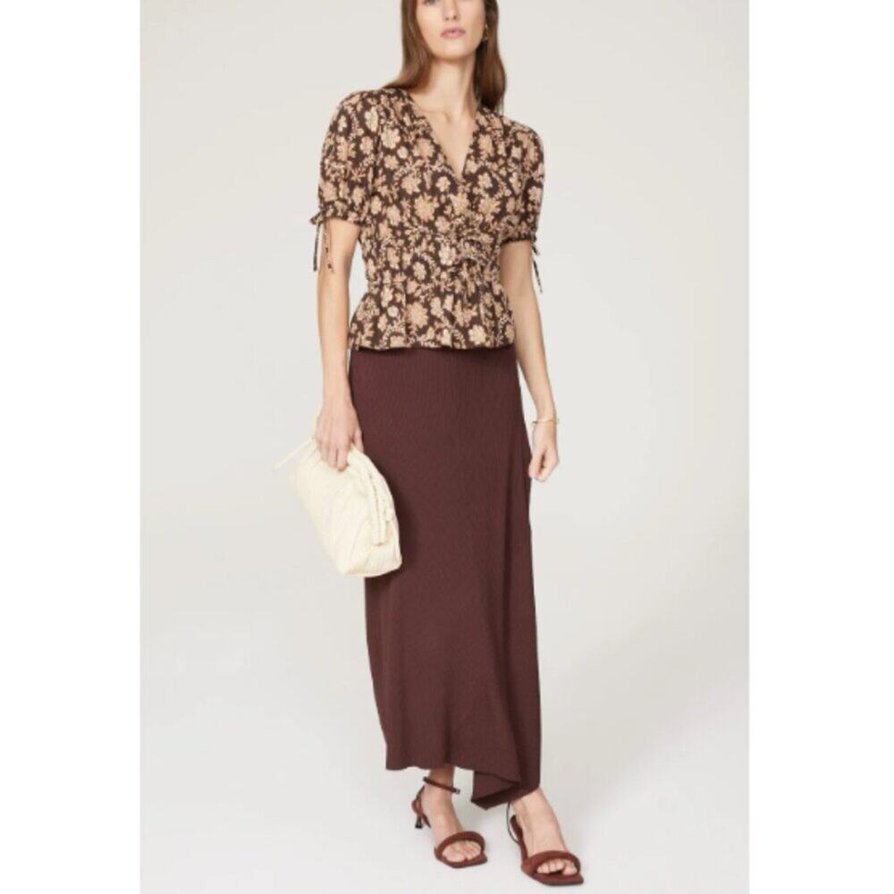 10 Crosby Derek Lam Size 8 Top Puff Sleeve VNeck Rhea Blouse Resort Brown Floral